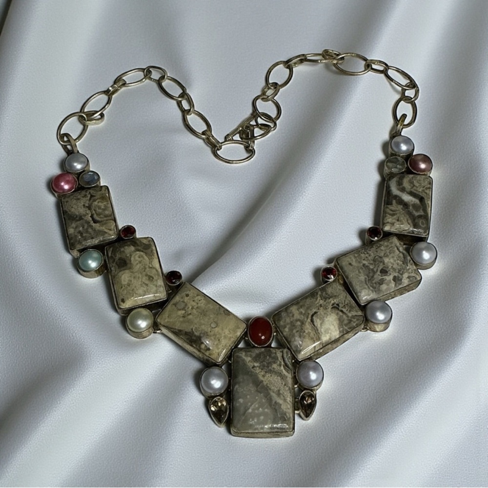 Dendritic Jasper, Smokey Quartz and more Necklace with Rustic Patina